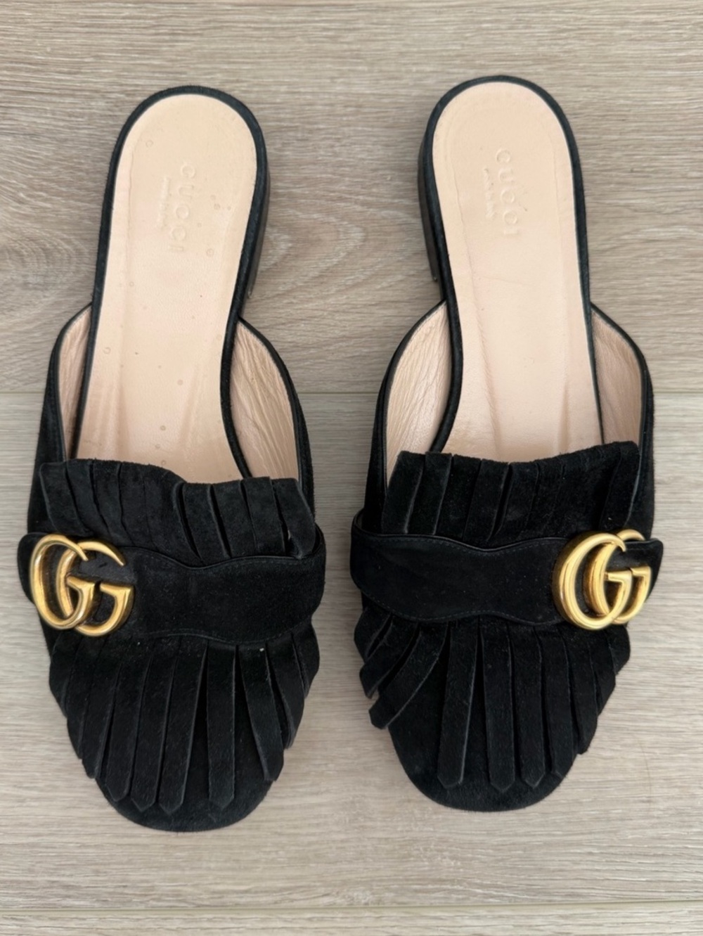 Gucci GG Marmont Suede Fringe Slide Sandal Black EU 37.5